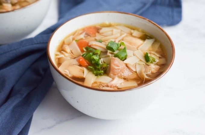 A bowl of low FODMAP chicken noodle soup