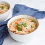 Two bowls of low FODMAP chicken noodle soup