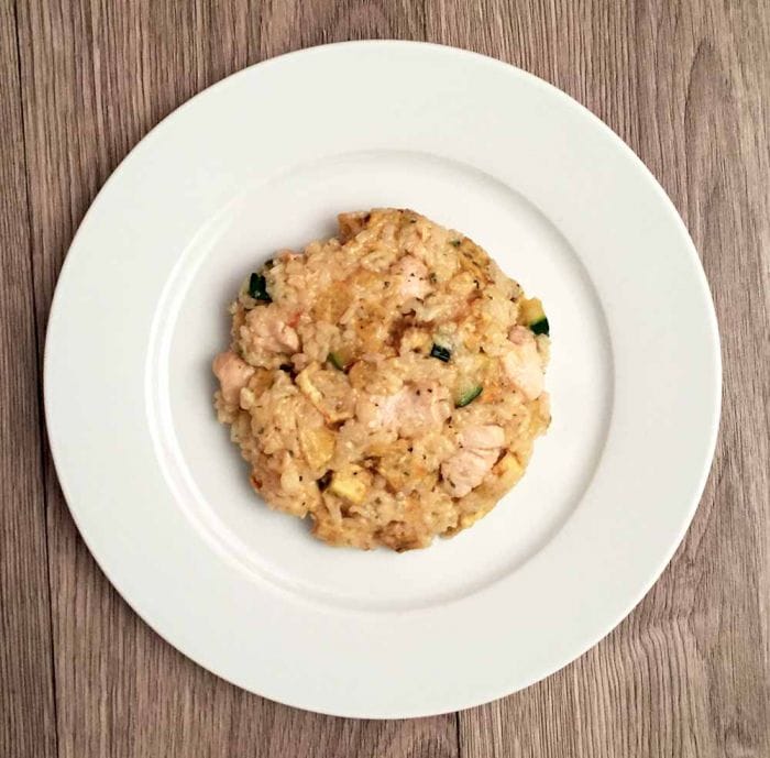Low FODMAP sweet potato risotto with chicken on a plate