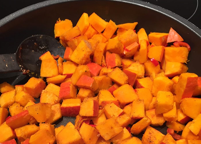 Pieces of pumpkin in a pan
