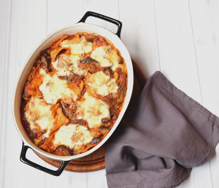 A low FODMAP Italian lasagna casserole in an oven dish