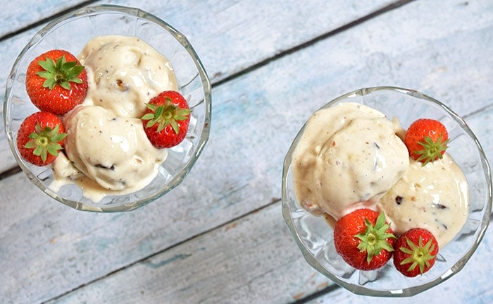 Two low FODMAP banana ice cream sundaes photographed from above