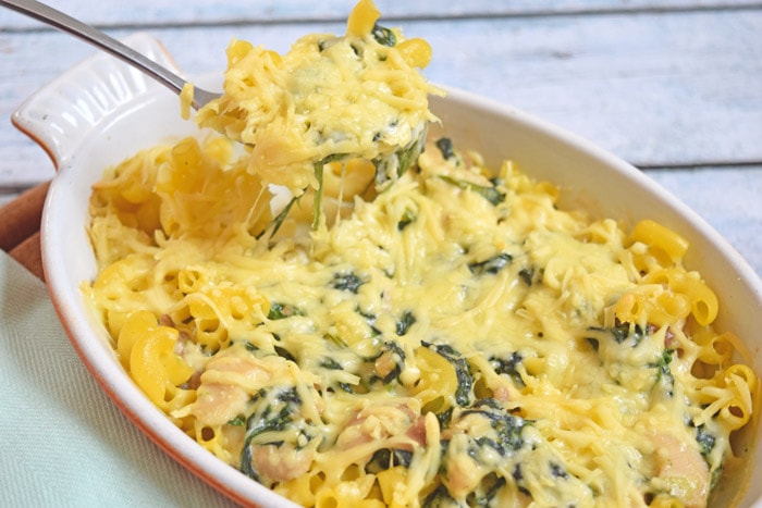 A small oven dish with low FODMAP mac and cheese with chicken and spinach