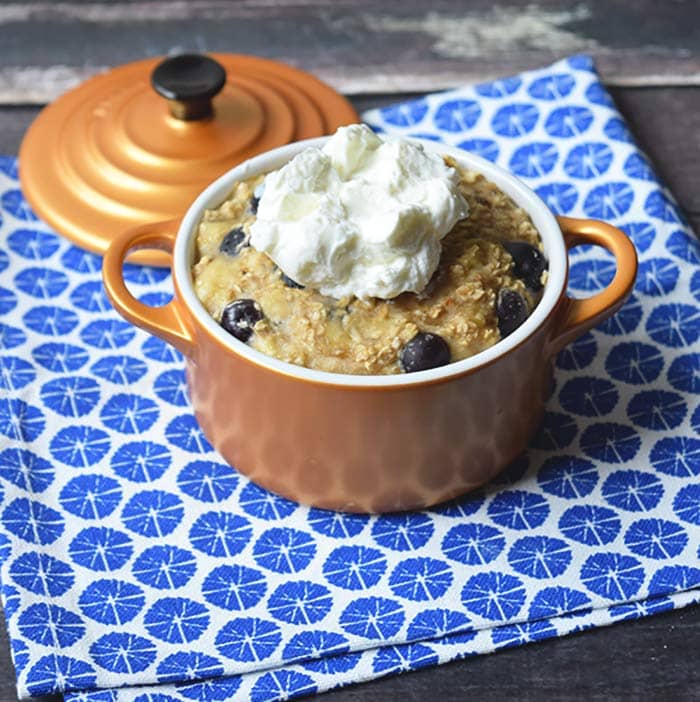 A dish with low FODMAP blueberry baked oatmeal