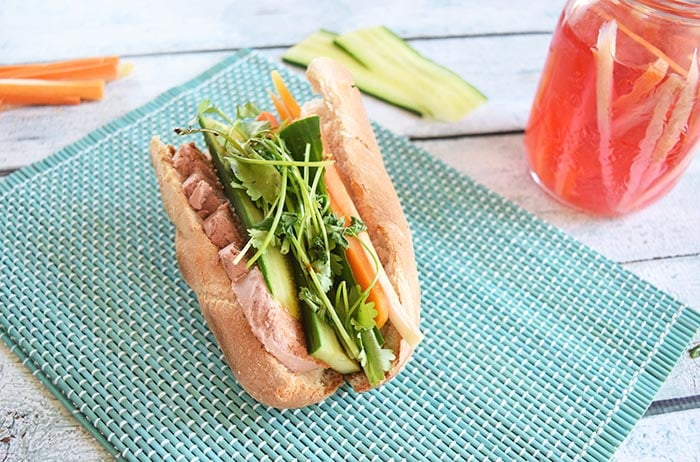 A low FODMAP Vietnamese banh mi sandwich with pickled carrots