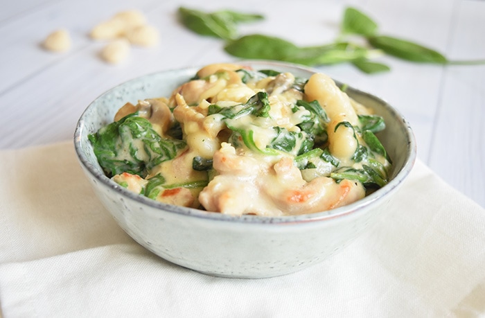 A bowl with creamy low FODMAP gnocchi with chicken and spinach. In the background some fresh gnocchi and spinach.