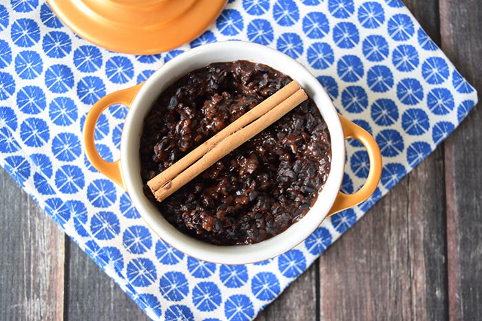 A low FODMAP black rice pudding in a little pan