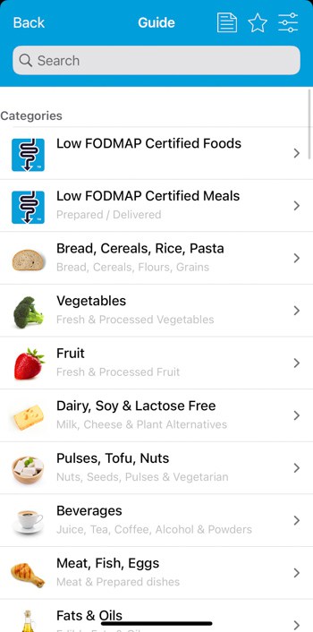 Een screenshot uit de Monash University FODMAP app van verschillende voedselgroepen