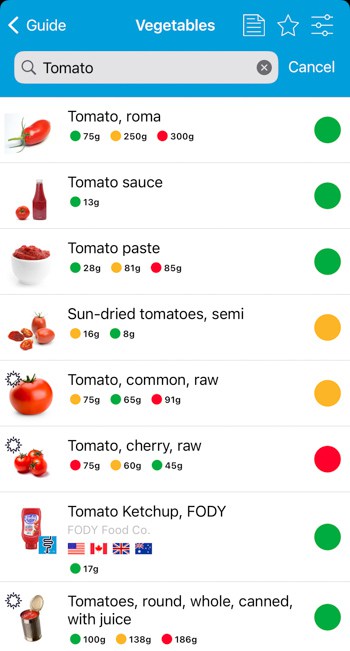 Een screenshot als je zoekt naar tomaten in de Monash University FODMAP app