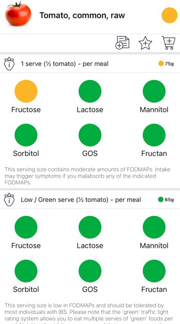 Een screenshot van gewone tomaten uit de Monash University FODMAP app