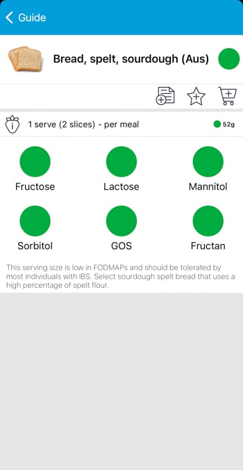 Een screenshout in de Monash University FODMAP app van zuurdesem brood