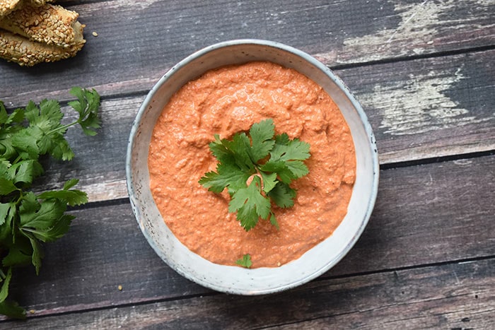 low fodmap muhammara in a bowl photographed from above