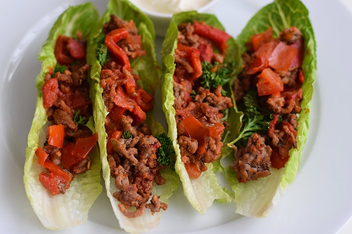 low fodmap mexican lettuce wraps with minced meat photographed from above