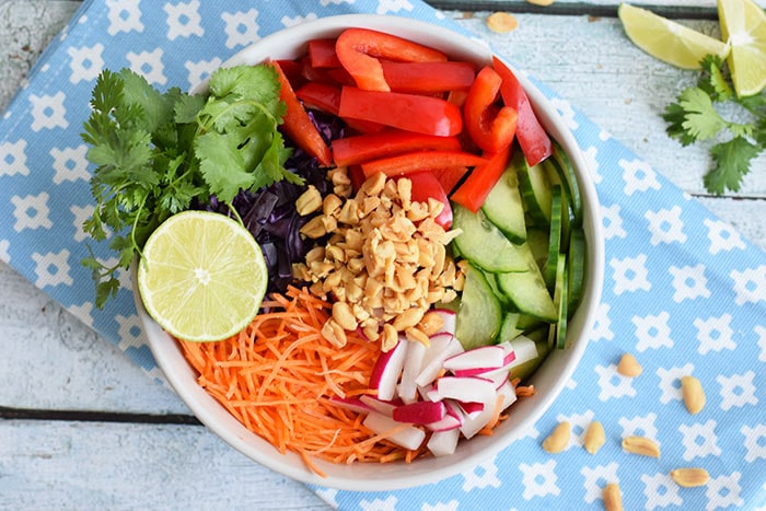 A bowl with a low FODMAP asian salad photographed from above