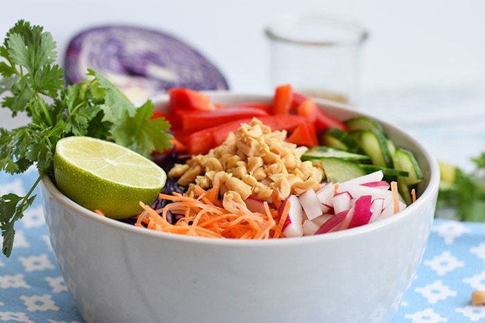 A bowl with an asian salad with peanuts on top, photographed from the side