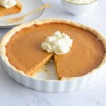Low FODMAP pumpkin pie with cream on top