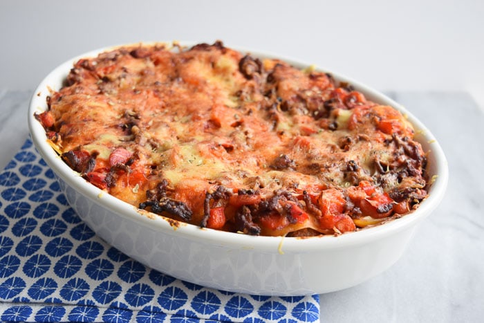 Low FODMAP lasagne bolognese in an oven dish