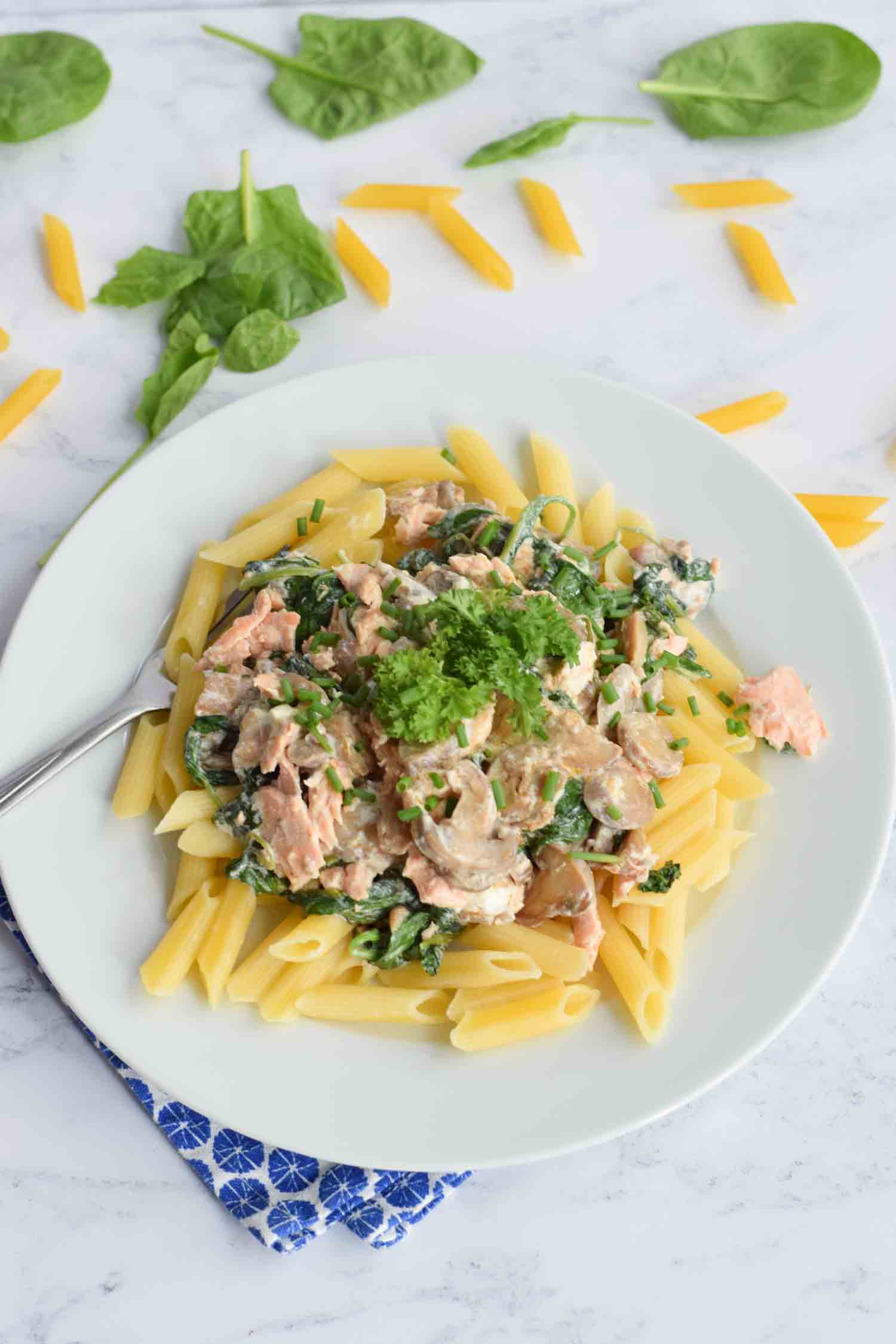 Low FODMAP pasta met zalm, roomkaas en spinazie op een bord