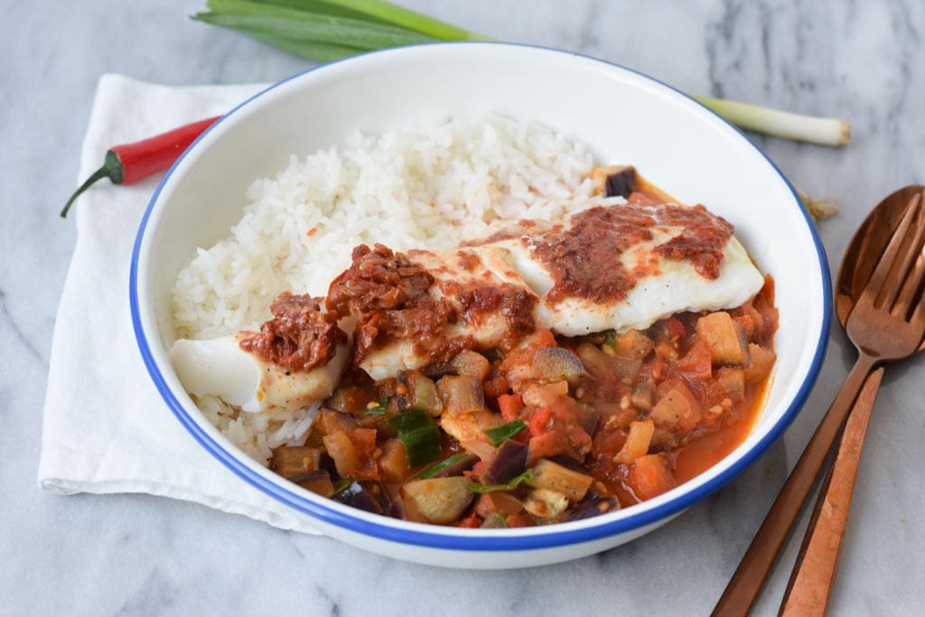 A bowl with low fodmap ratatouille with haddock