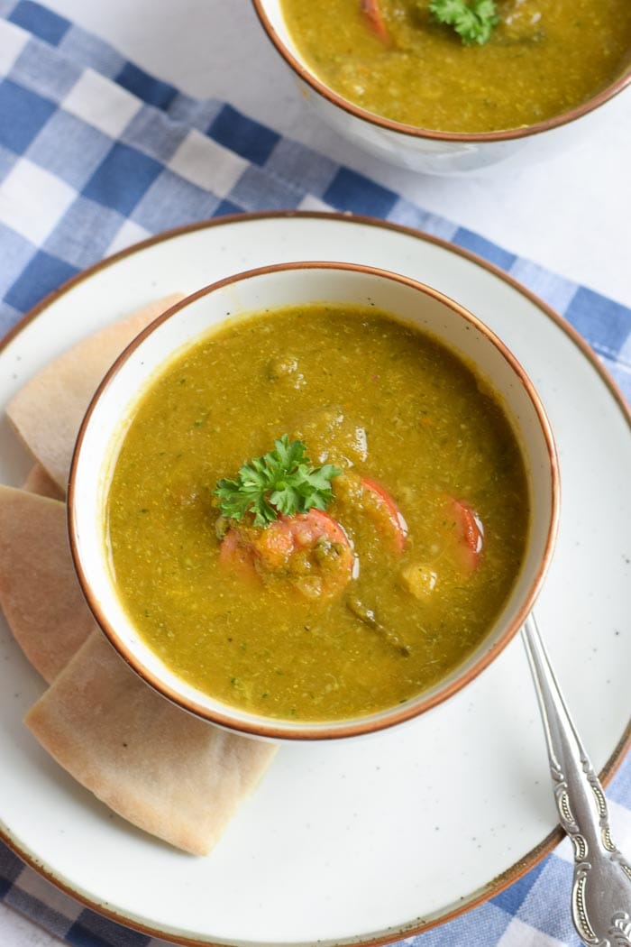 A bowl of low FODMAP broccoli soup with sausage