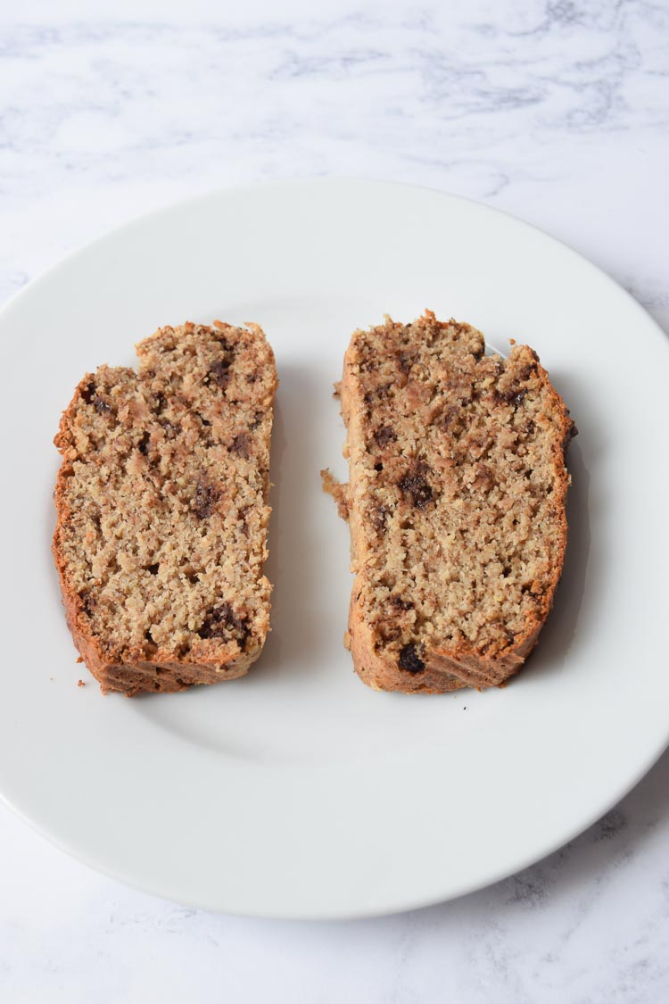 Low FODMAP chocolate chip banana bread on a plate