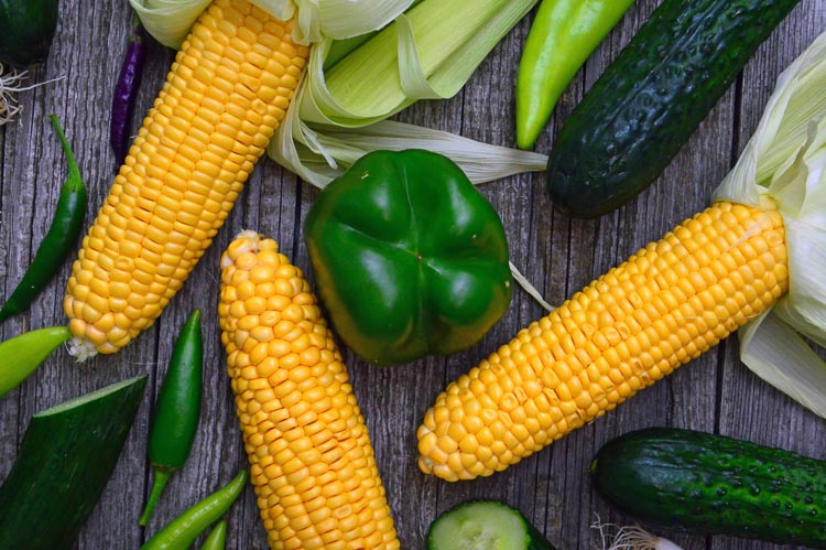 Green bell pepper, cucumbers and sweet corn