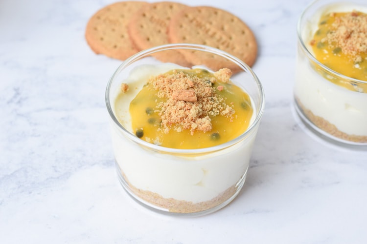 low FODMAP passion fruit cheesecakes in a glass