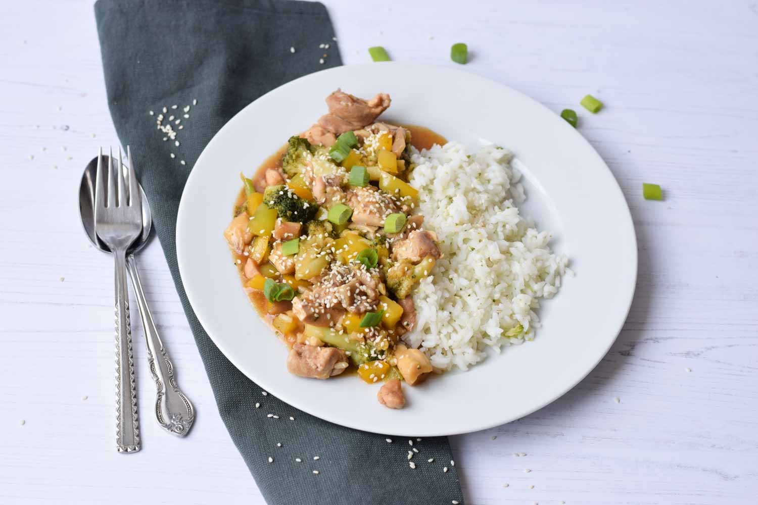 low FODMAP chicken teriyaki with rice on a plate
