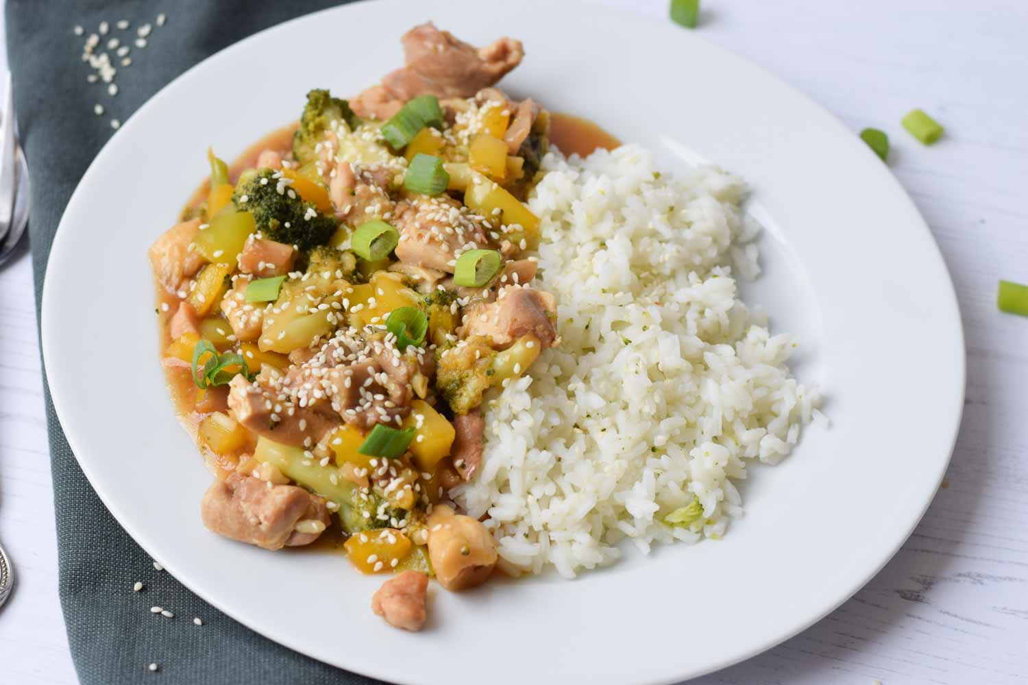 low FODMAP chicken teriyaki with rice on a plate