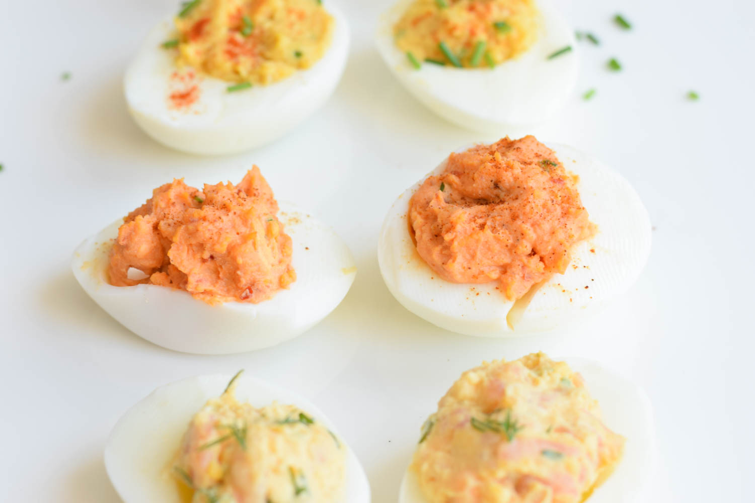 Three types of low  FODMAP devilled eggs together