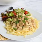 Low FODMAP chicken alfredo pasta on a plate
