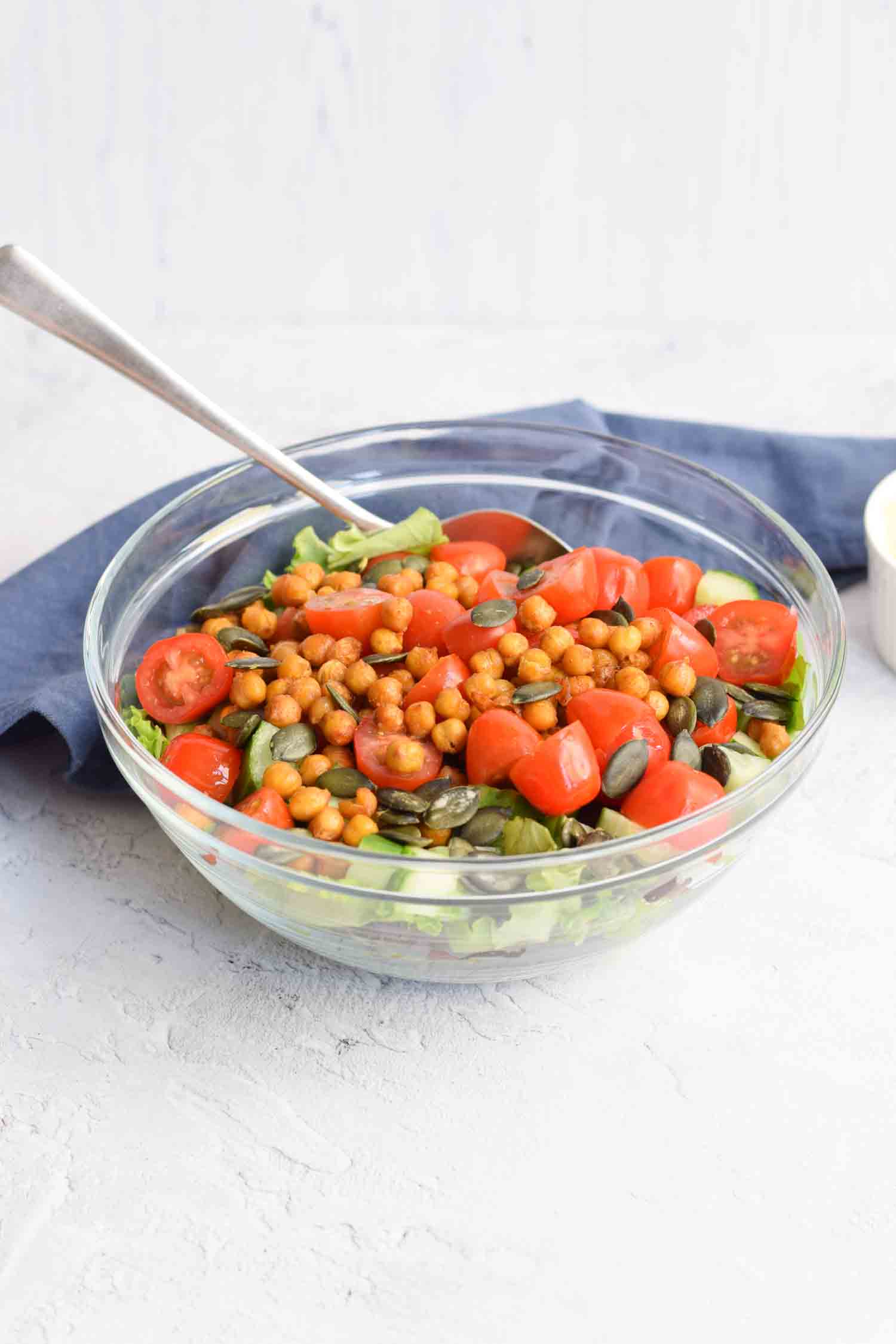 A bowl with low FODMAP roasted chickpea salad