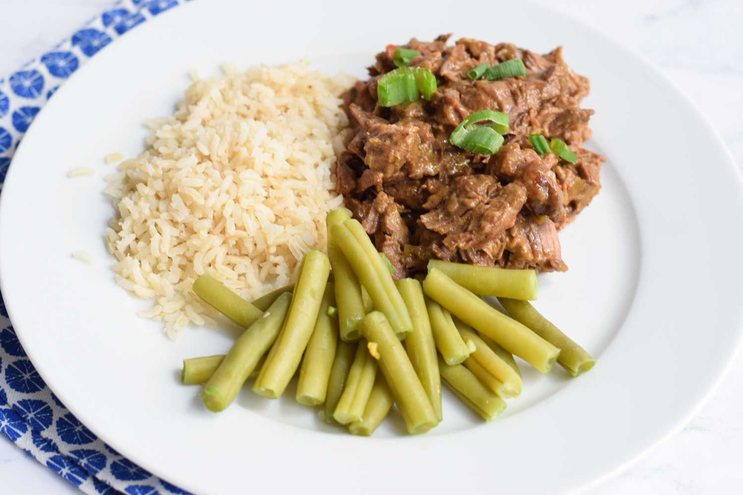 A plate with low FODMAP rendang, rice and green beans