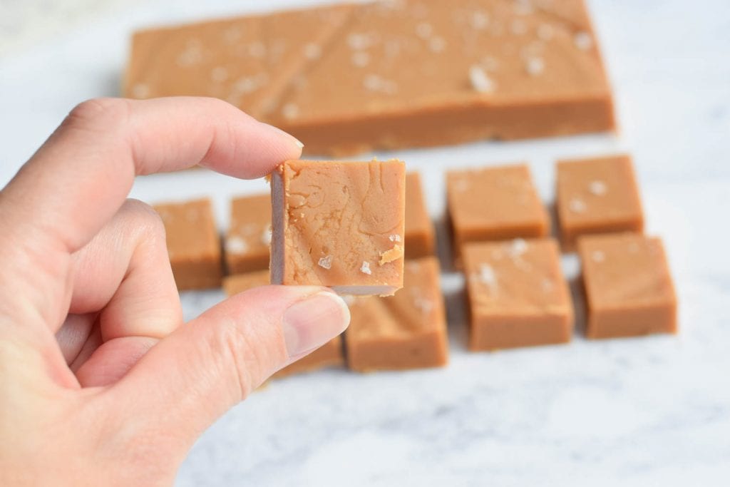 A hand holding a cube of low FODMAP salted caramel fudge