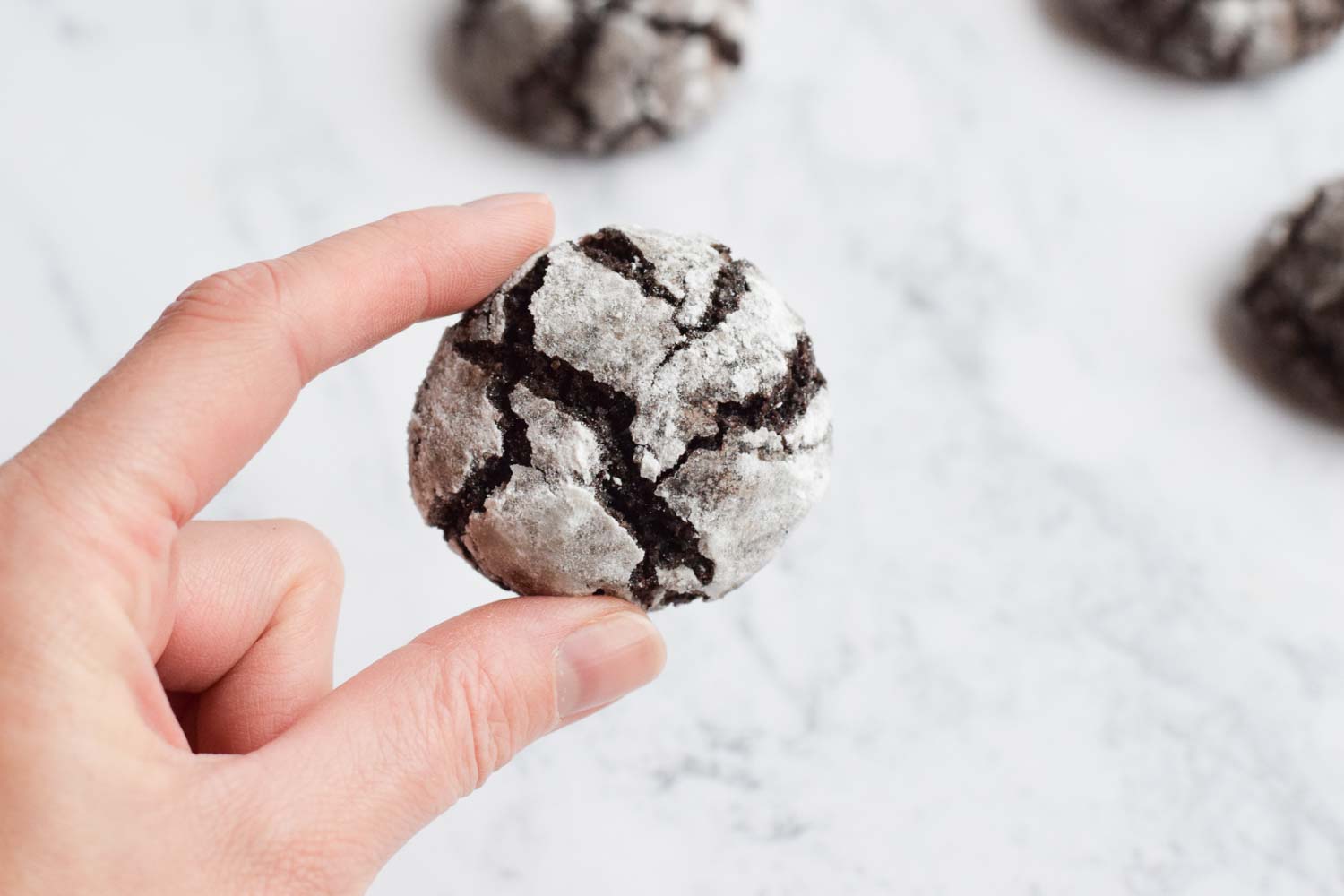 A hand holding a chocolate crinkle cookie