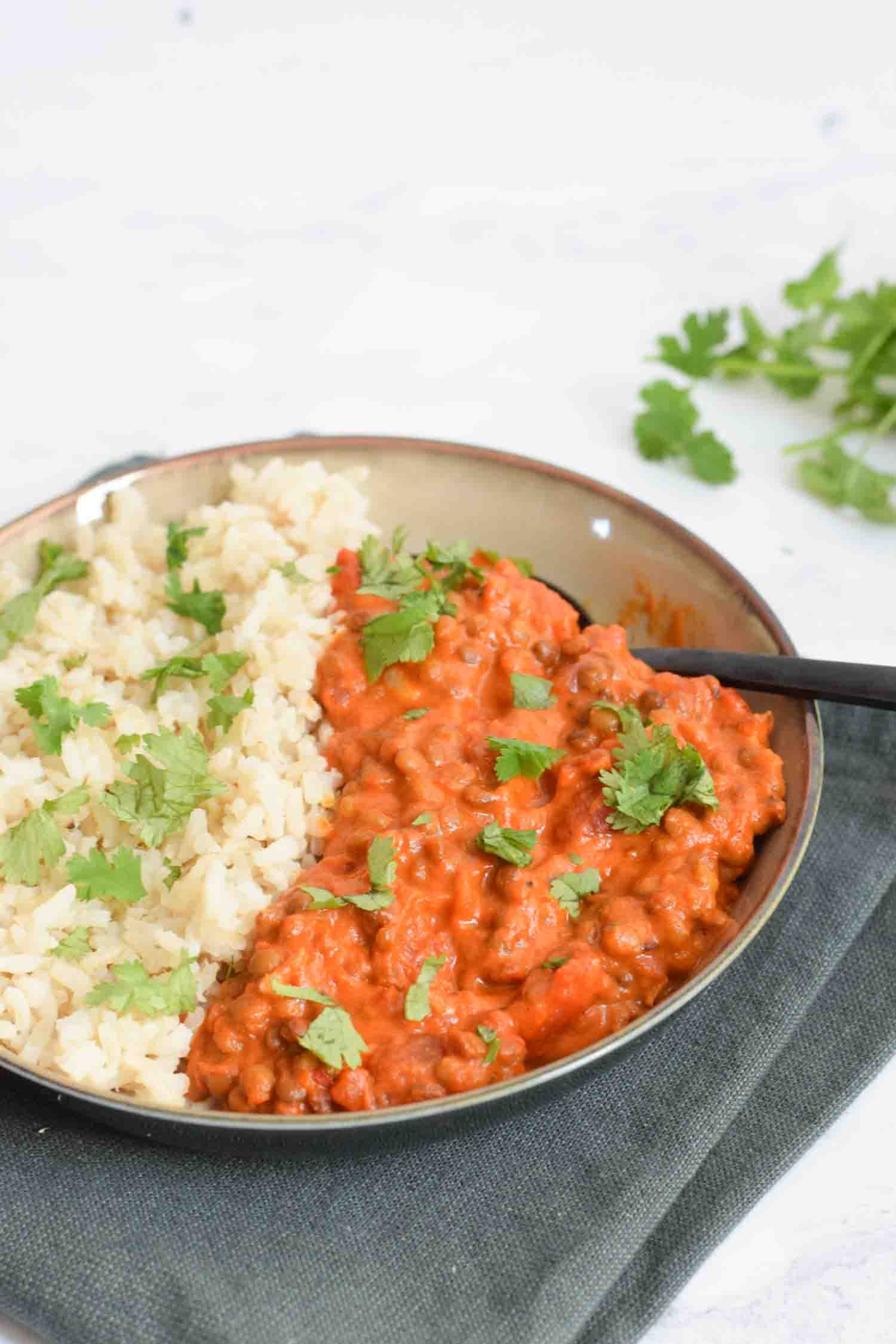 Low FODMAP lentil dahl in a bowl with a spoon in it