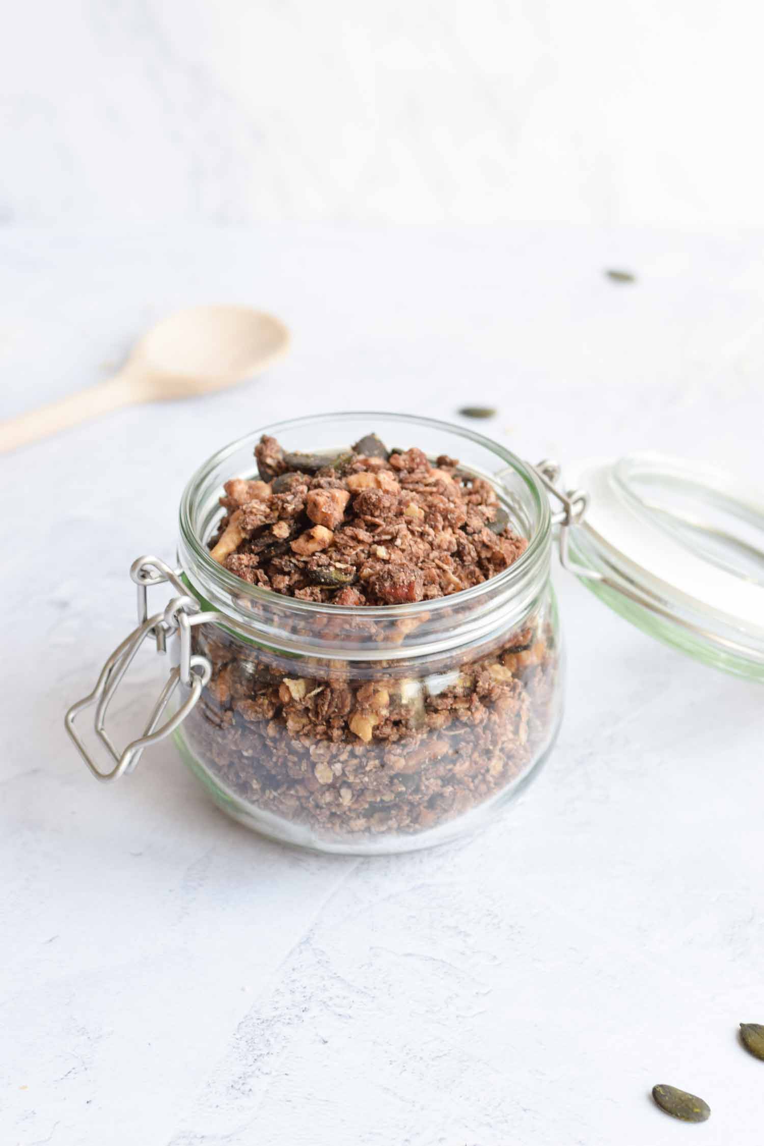 A jar of gluten-free buckwheat granola