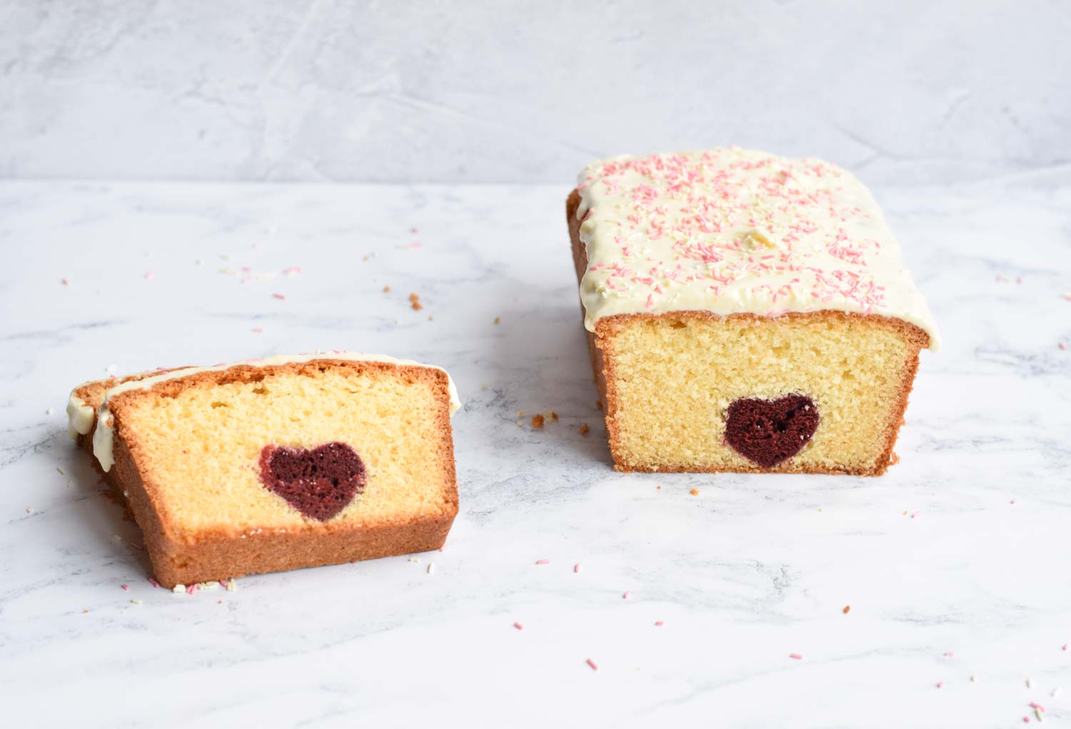 A gluten-free Valentine's cake with a red heart inside