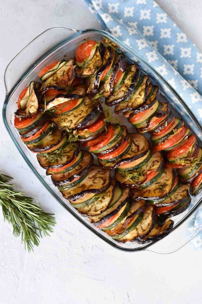 Slices oven roasted vegetables from the oven