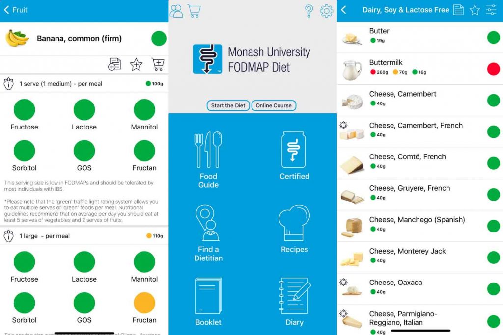 Screenshots uit de Monash University FODMAP app