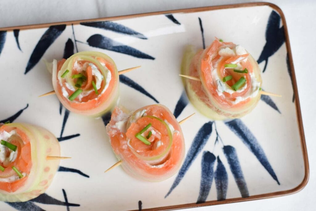 Low FODMAP smoked salmon cucumber rolls photographed from above