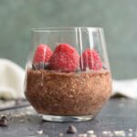 Chocolade overnight oats in a glass photographed from the side