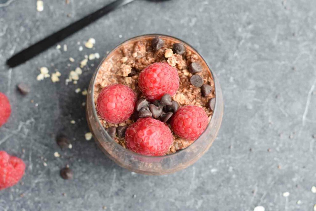 Low FODMAP chocolate overnight oats photographed from above