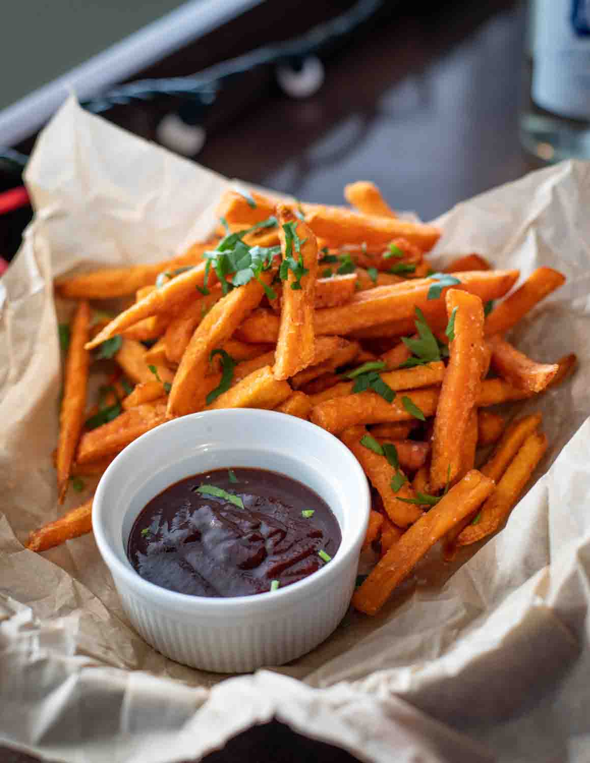 Sweet potato fries with a sauce on the side
