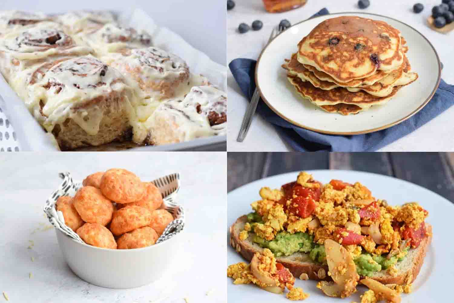 Four pictures of low FODMAP cinnamon rolls, American blueberry pancakes, cheese buns and scrambled tofu together