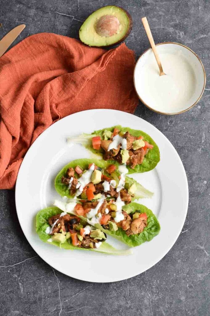 Low carb chicken shawarma on a plate photographed from above