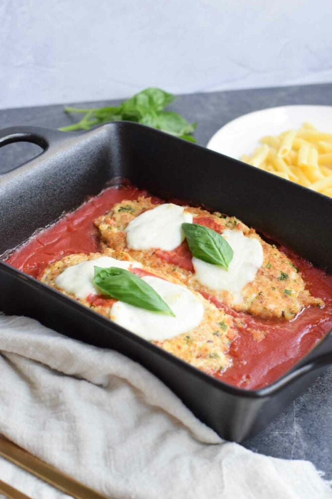 Low FODMAP chicken parmesan with mozzarella and basil