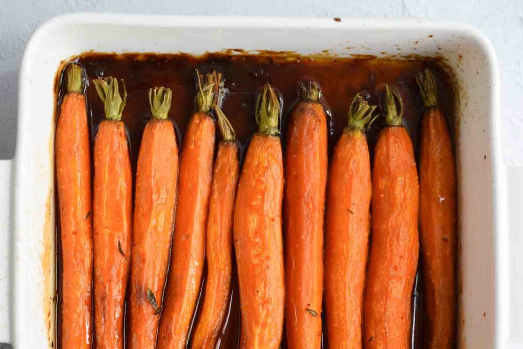 Low FODMAP maple glazed carrots photographed close up