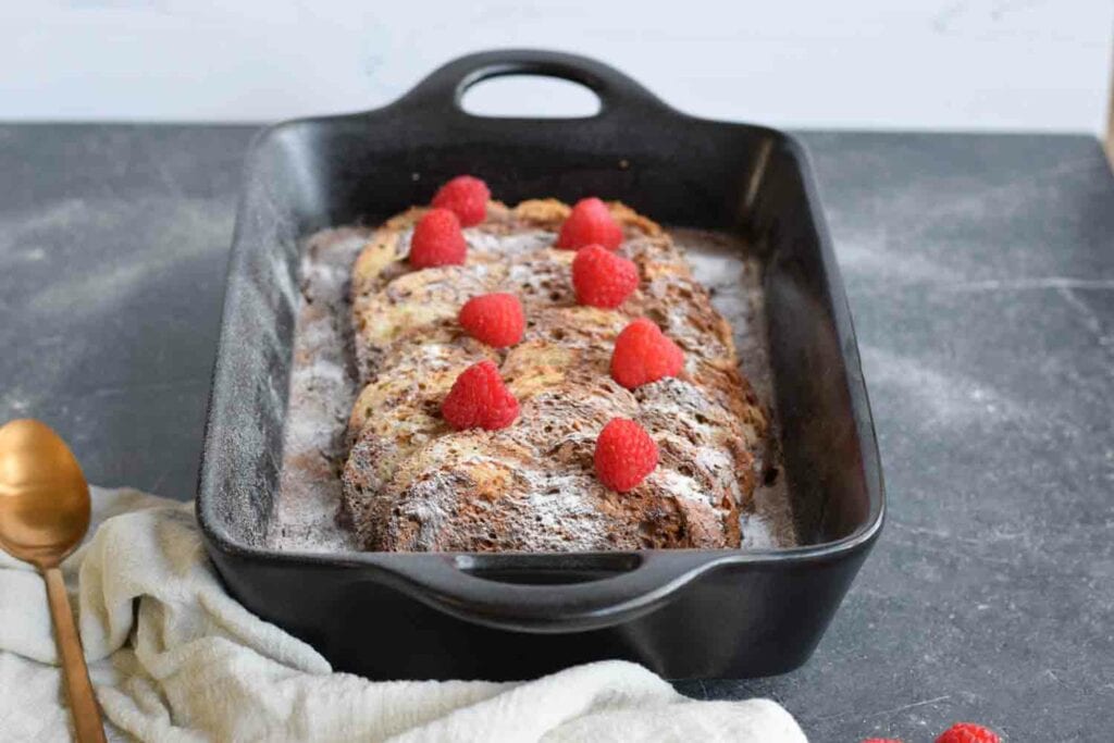 Low FODMAP french toast casserole with fresh fruits on top